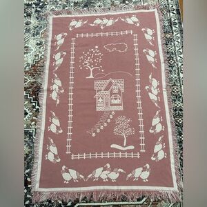 Vintage 90s Throw Blanket Woven Cottage Geese Farmhouse Pink Cotton Reversible